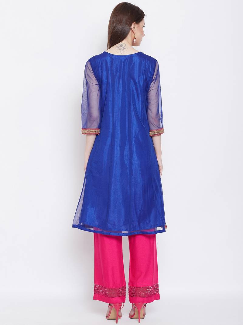 Women Blue Color Embroidered Net Kurti