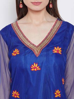 Women Blue Color Embroidered Net Kurti 6