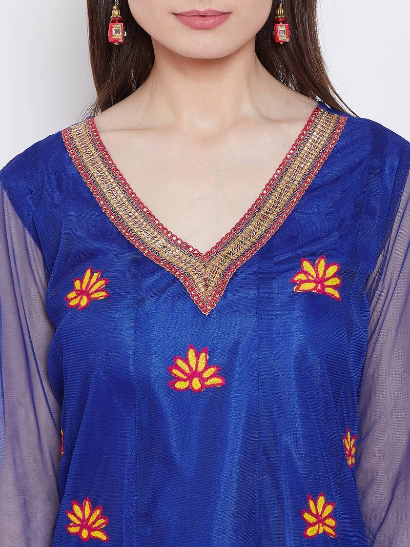 Women Blue Color Embroidered Net Kurti