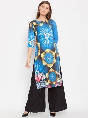 Women Blue Color Graphic Printed Crepe Kurti 1