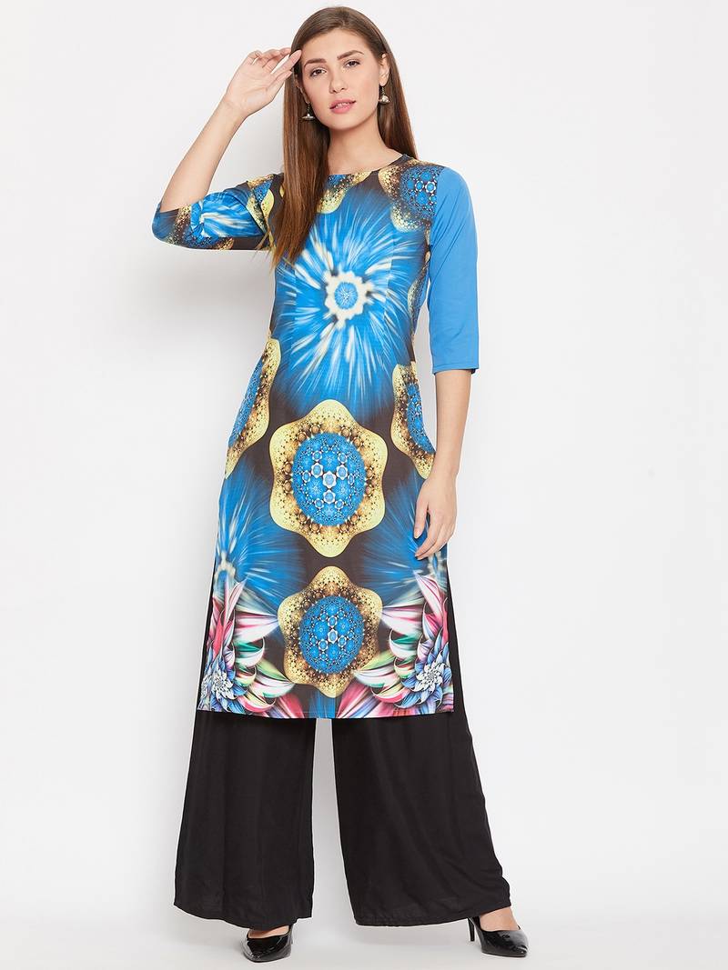 Women Blue Color Graphic Printed Crepe Kurti