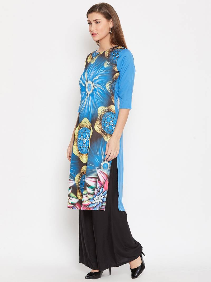 Women Blue Color Graphic Printed Crepe Kurti