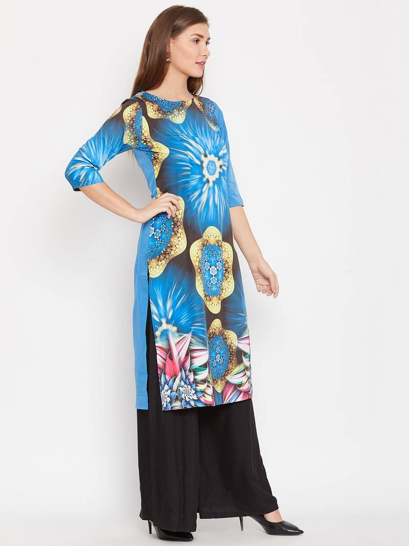 Women Blue Color Graphic Printed Crepe Kurti
