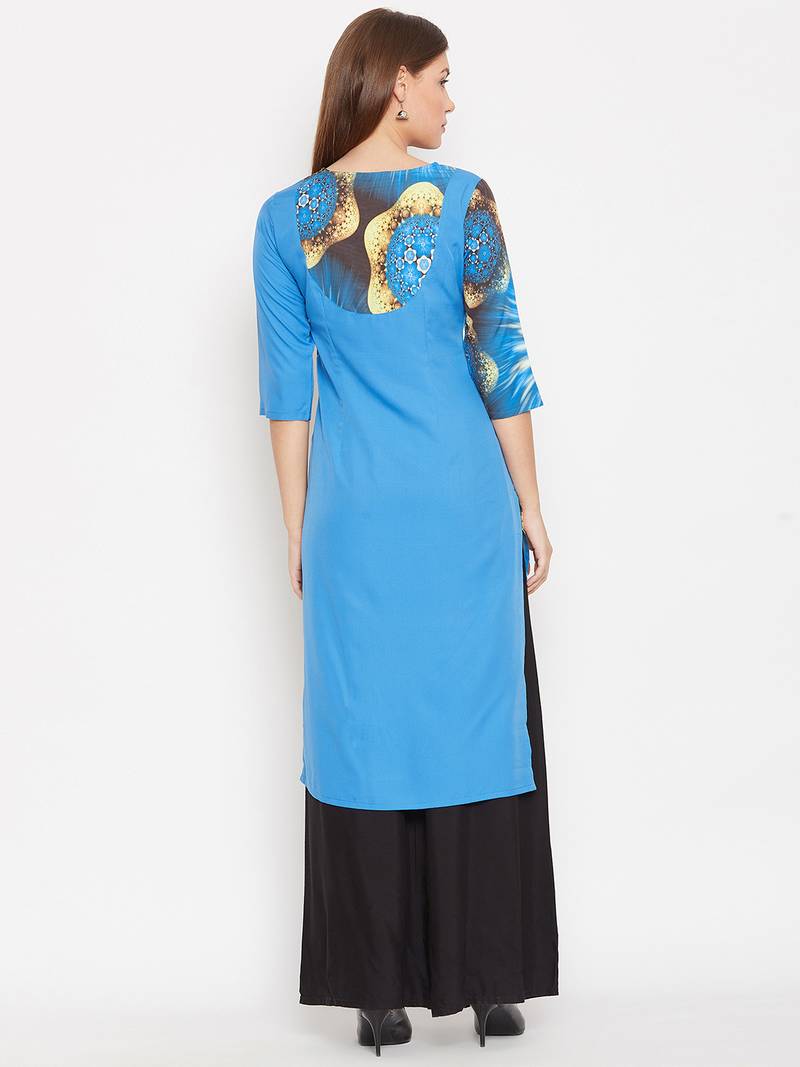 Women Blue Color Graphic Printed Crepe Kurti