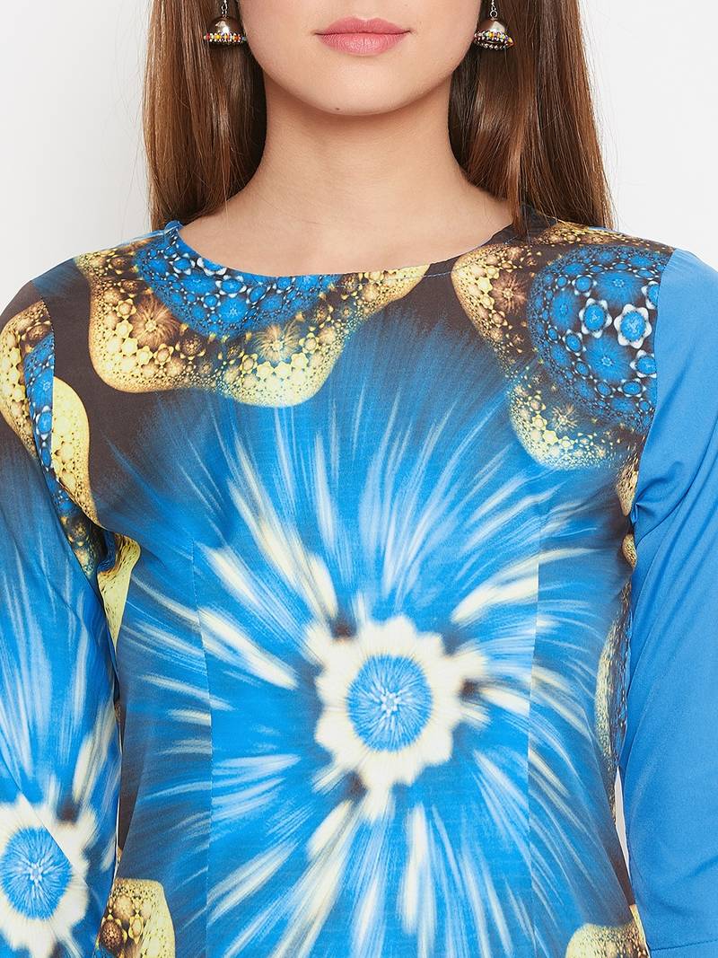 Women Blue Color Graphic Printed Crepe Kurti