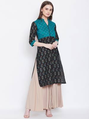 Women Teal and Black Color Floral Printed Cotton Kurti 1