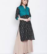 Women Teal and Black Color Floral Printed Cotton Kurti