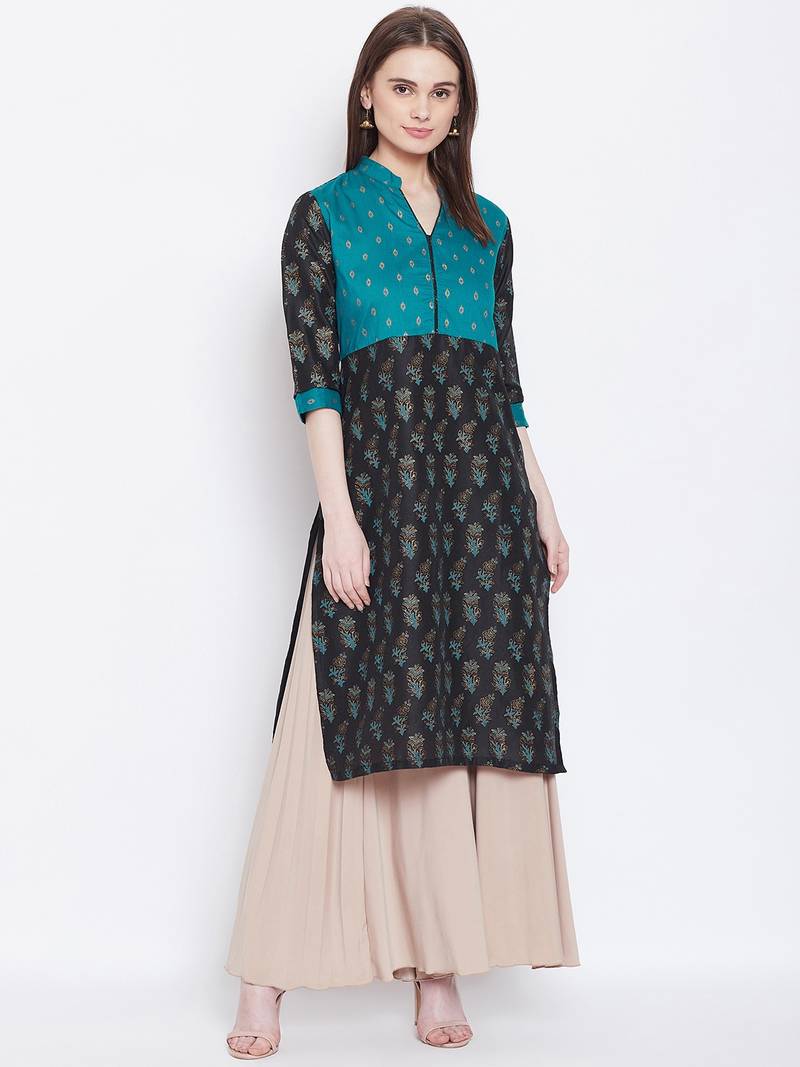 Women Teal and Black Color Floral Printed Cotton Kurti