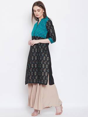 Women Teal and Black Color Floral Printed Cotton Kurti 3