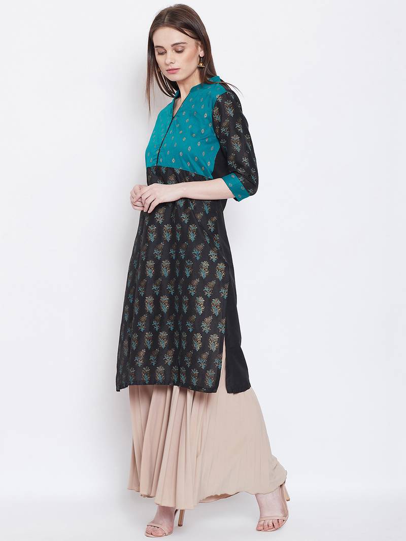 Women Teal and Black Color Floral Printed Cotton Kurti