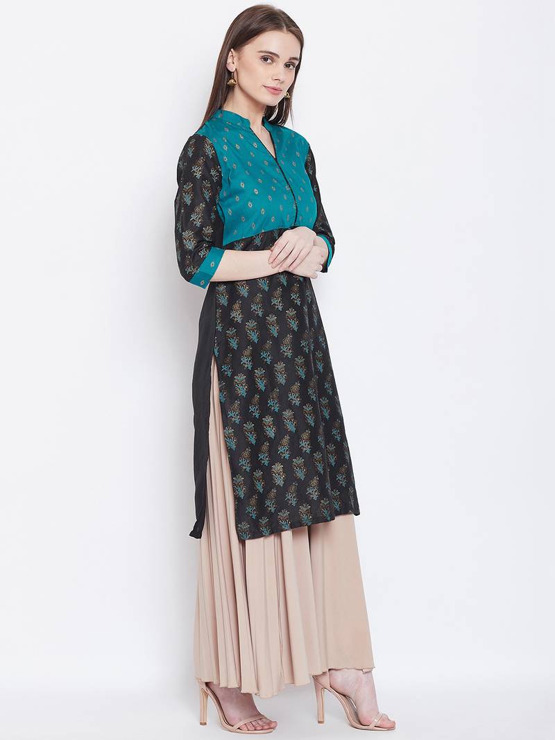 Women Teal and Black Color Floral Printed Cotton Kurti