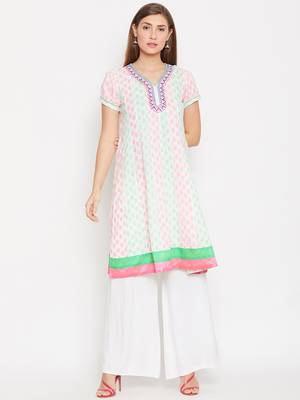 Women White Color Cotton Embroidered and Printed Kurti 1