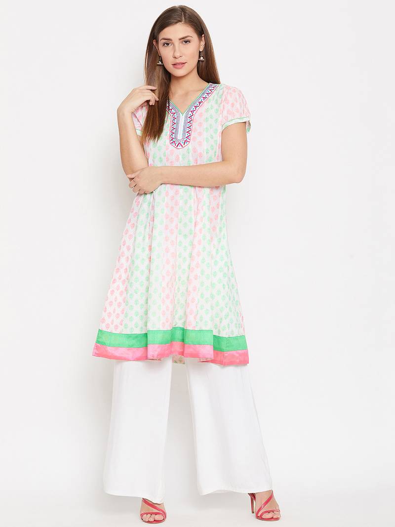 Women White Color Cotton Embroidered and Printed Kurti