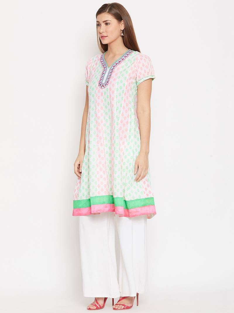 Women White Color Cotton Embroidered and Printed Kurti