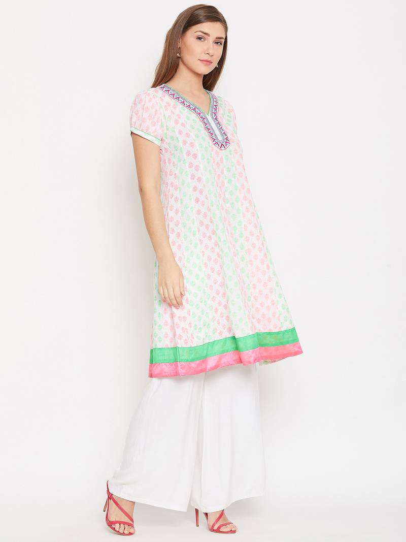 Women White Color Cotton Embroidered and Printed Kurti