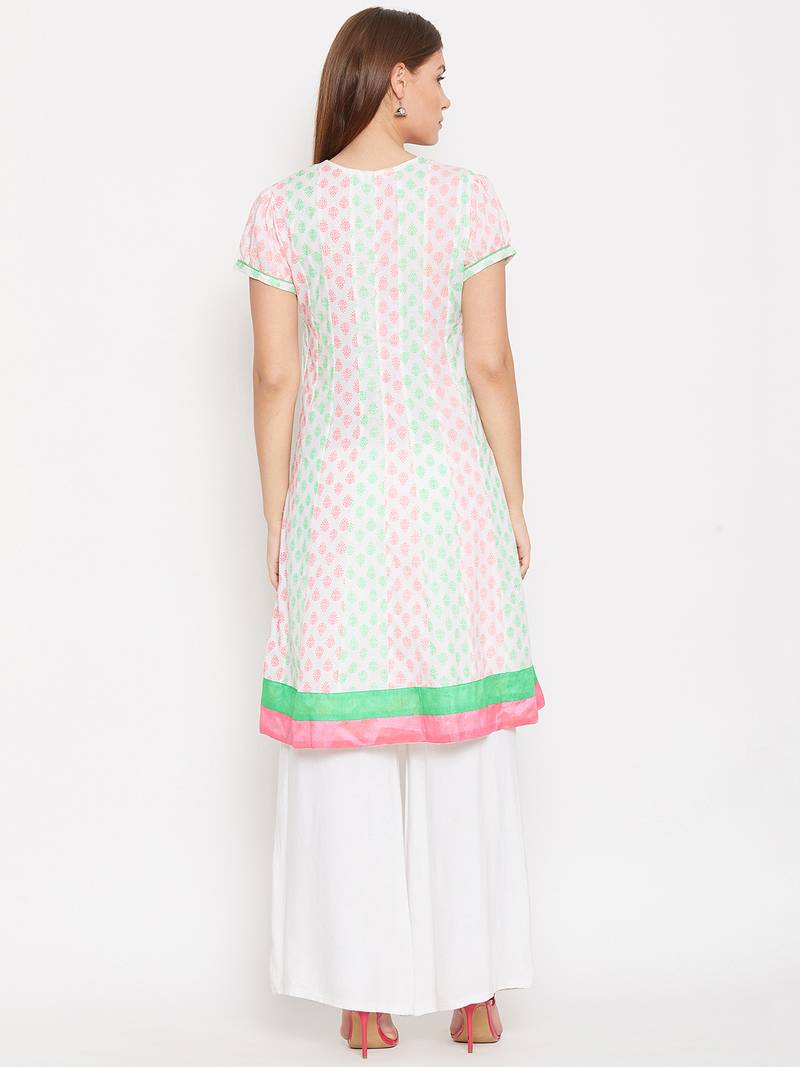 Women White Color Cotton Embroidered and Printed Kurti