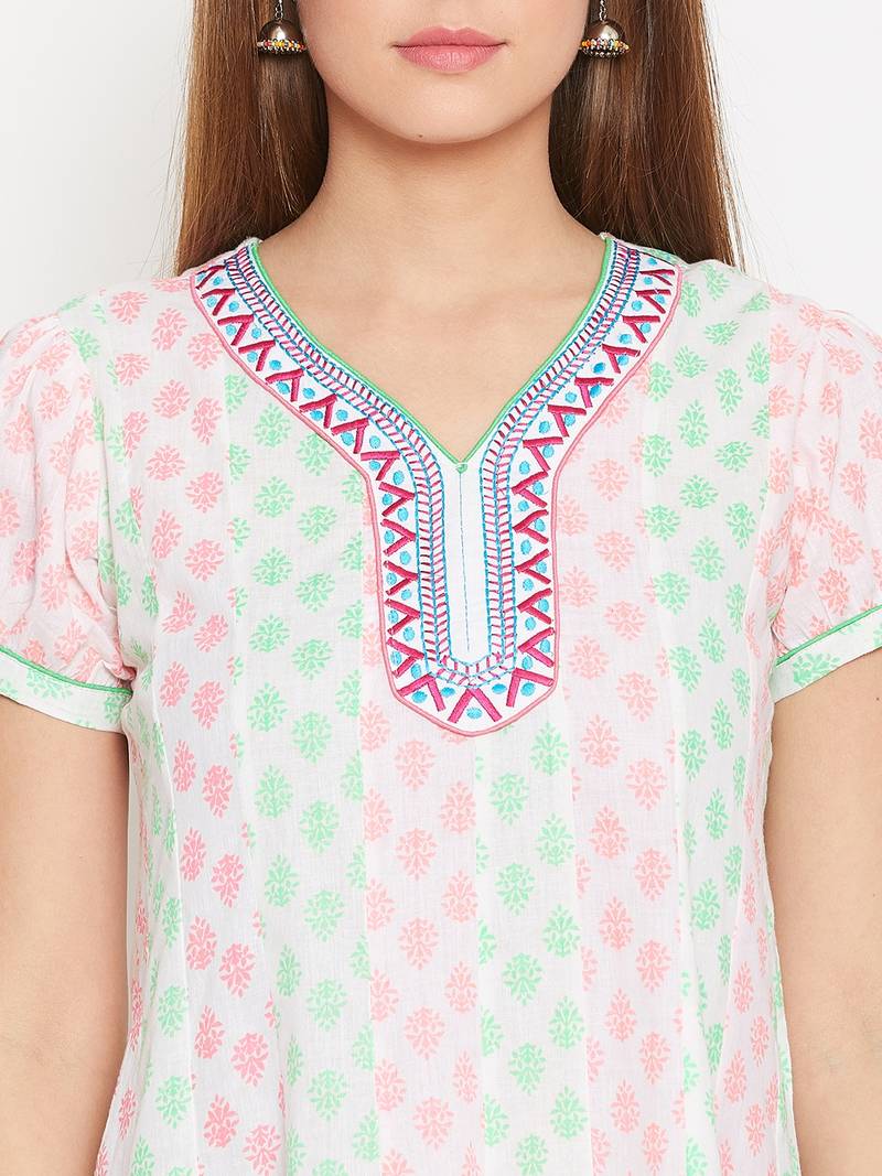 Women White Color Cotton Embroidered and Printed Kurti