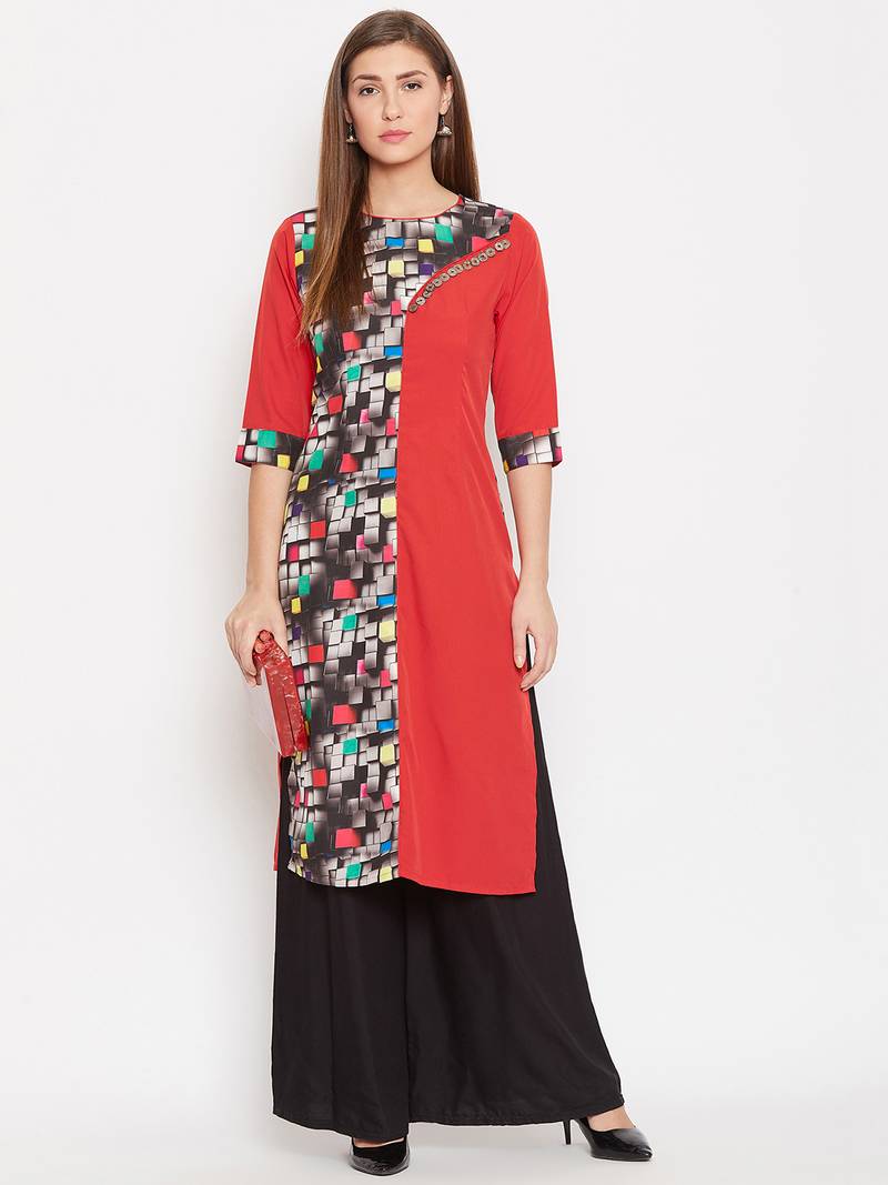 Women Red Color Printed Polyester Kurti
