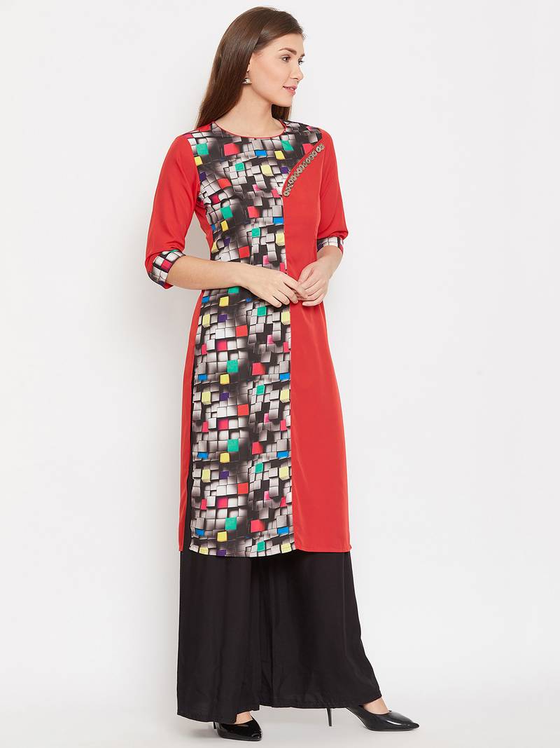 Women Red Color Printed Polyester Kurti