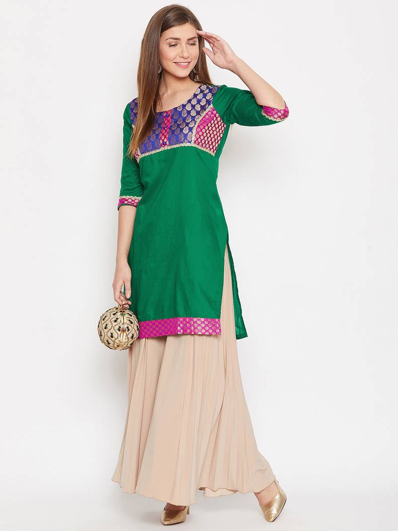 Women Blue and Green Color Printed Cotton Kurti