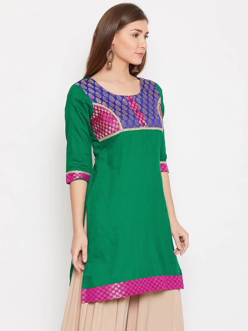 Women Blue and Green Color Printed Cotton Kurti