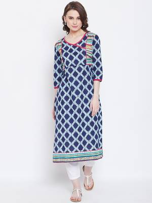 Women Navy and Multicolor Printed Cotton Kurti 1