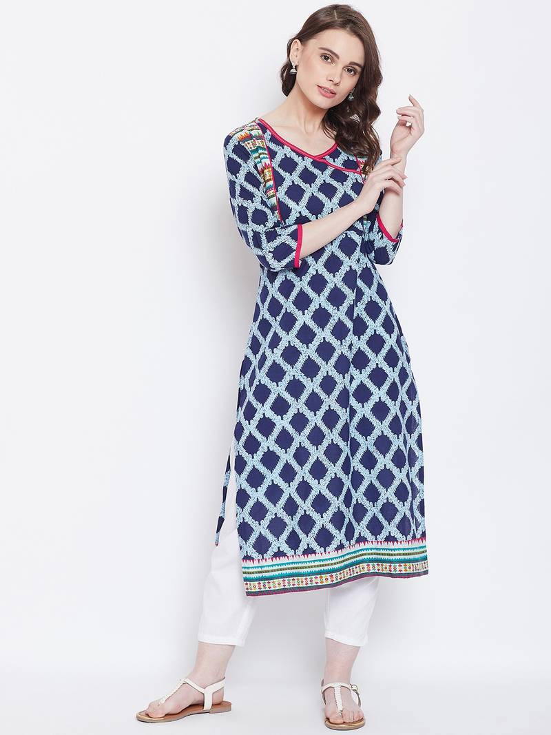 Women Navy and Multicolor Printed Cotton Kurti