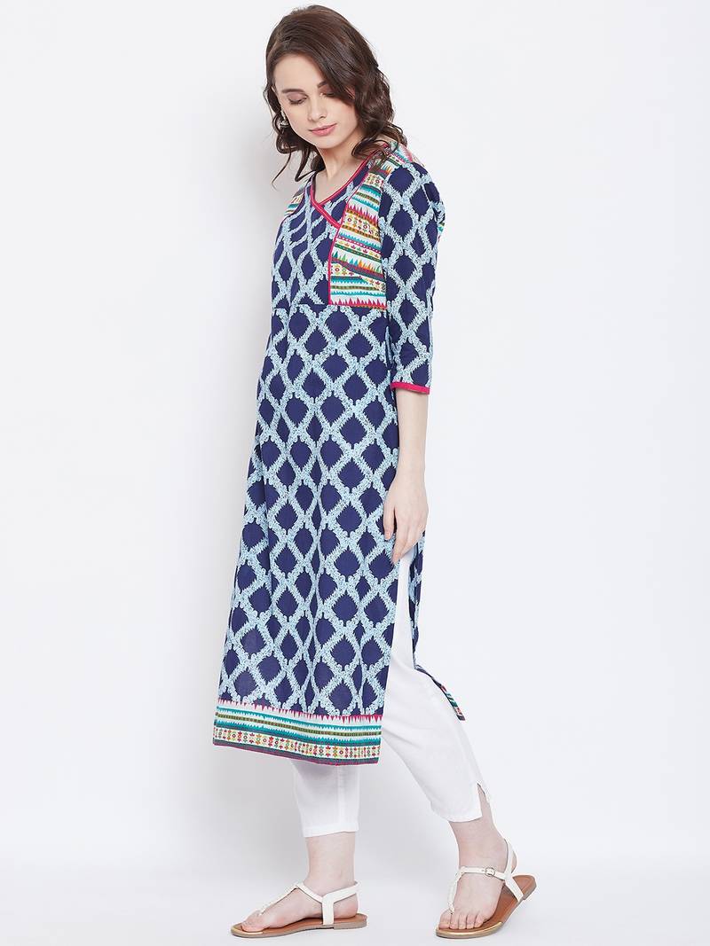 Women Navy and Multicolor Printed Cotton Kurti