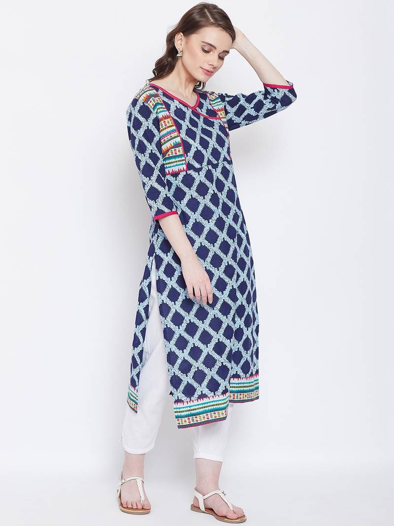 Women Navy and Multicolor Printed Cotton Kurti