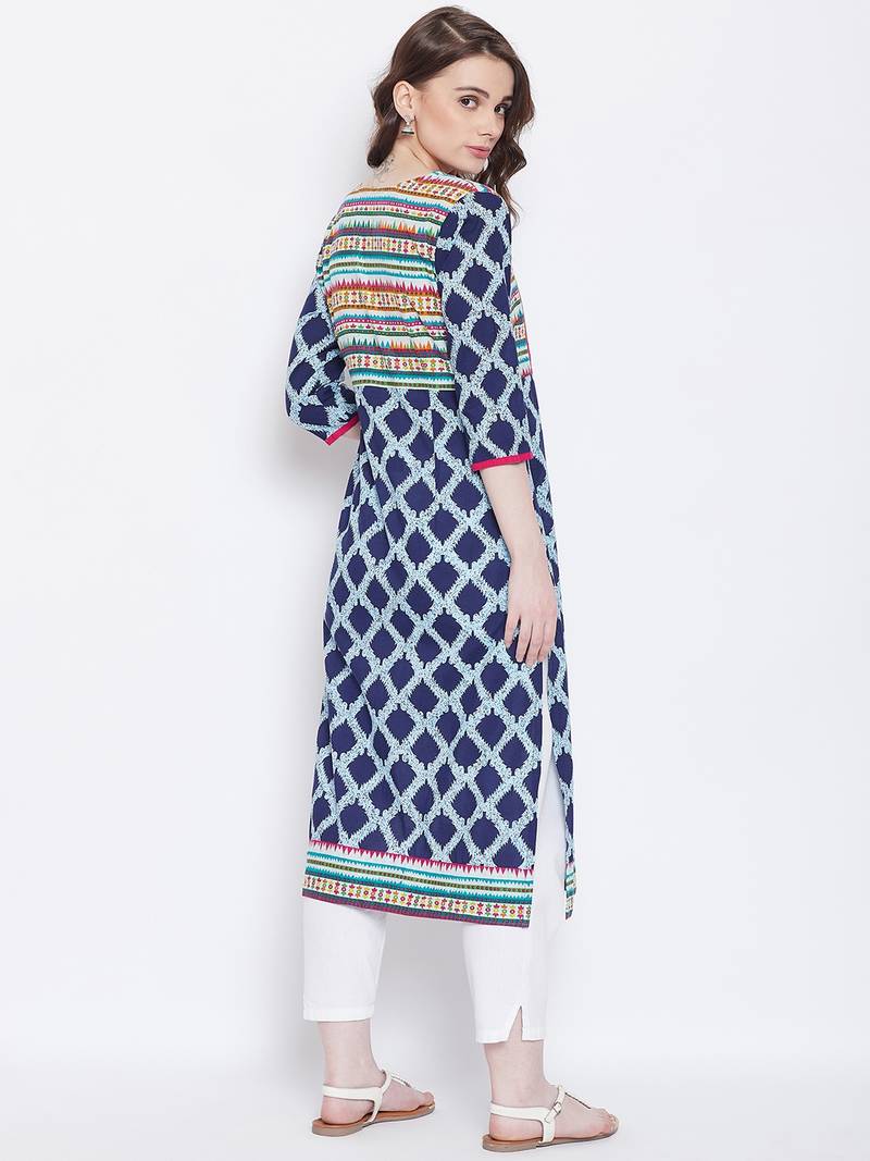 Women Navy and Multicolor Printed Cotton Kurti