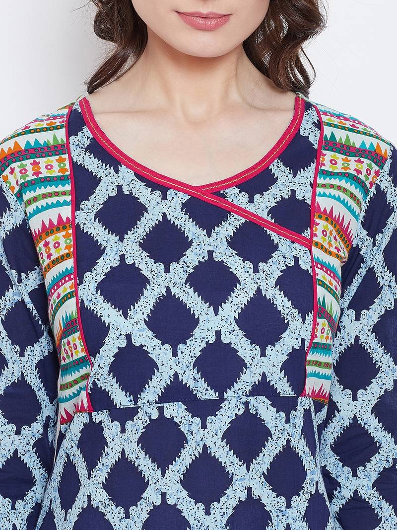 Women Navy and Multicolor Printed Cotton Kurti