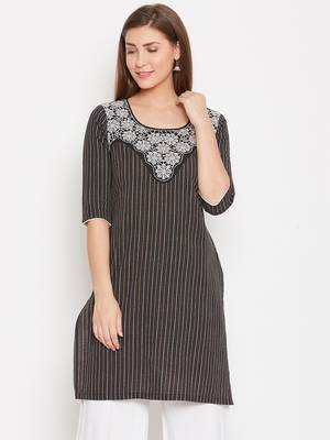 Women Black Color Floral Emrboidered Cotton Kurti 1