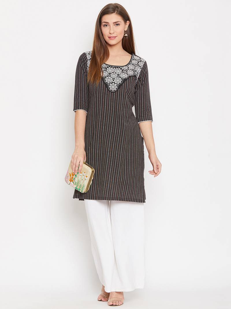 Women Black Color Floral Emrboidered Cotton Kurti