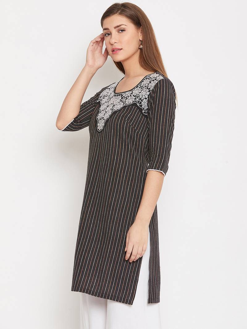 Women Black Color Floral Emrboidered Cotton Kurti