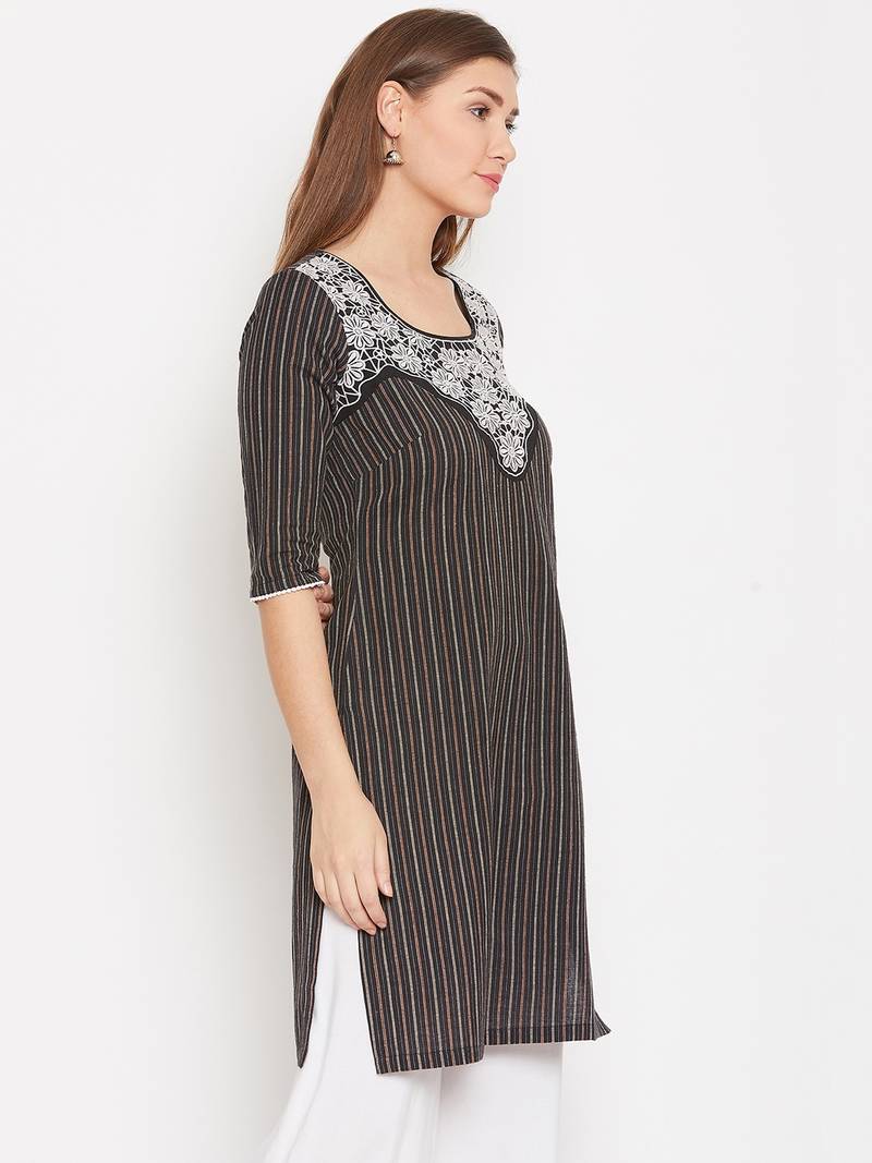 Women Black Color Floral Emrboidered Cotton Kurti