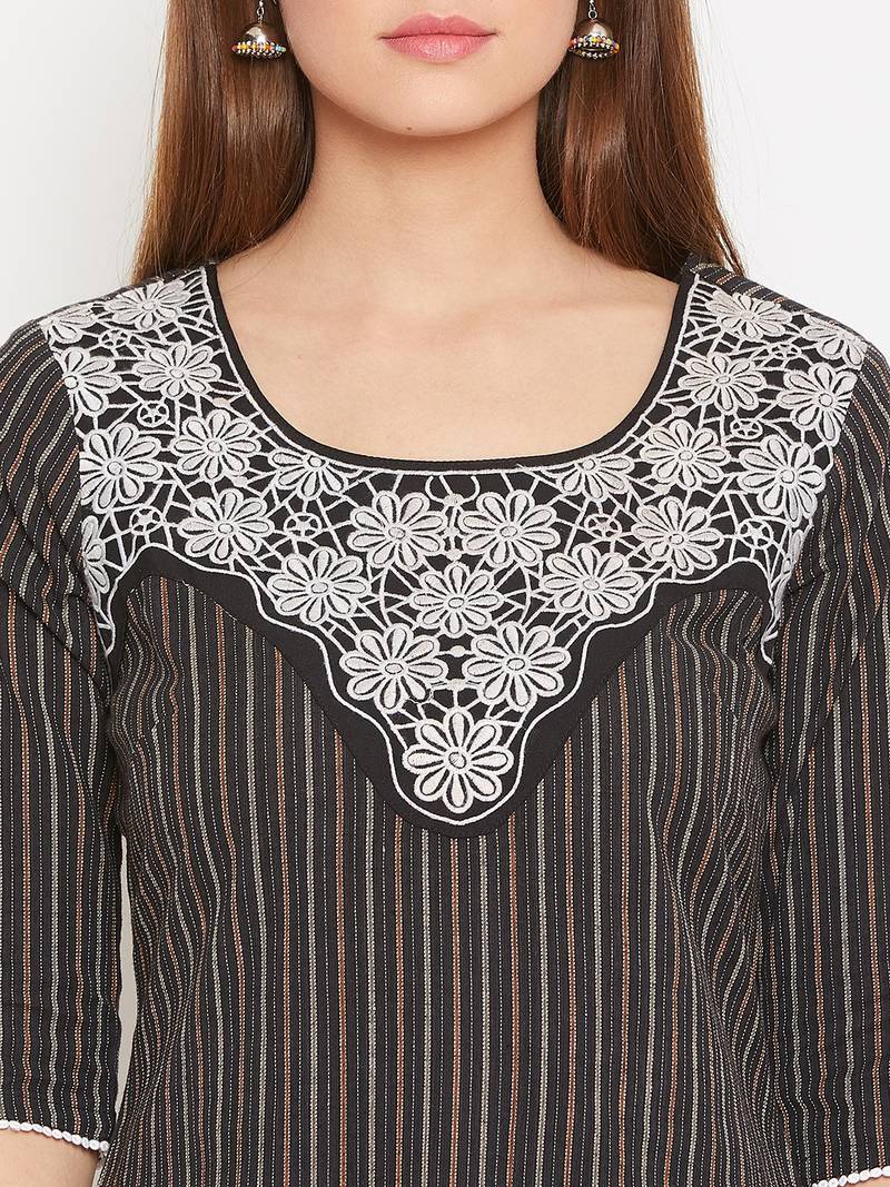 Women Black Color Floral Emrboidered Cotton Kurti