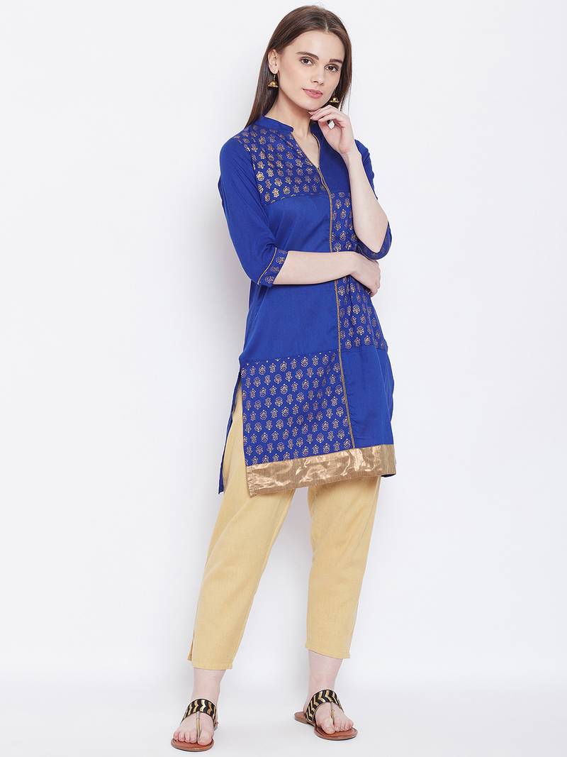 Women Blue Color Printed Cotton Kurti