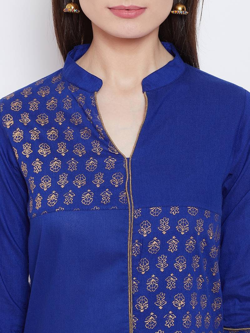 Women Blue Color Printed Cotton Kurti