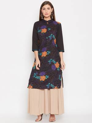 Women Black Color Floral Printed Cotton Kurti 1