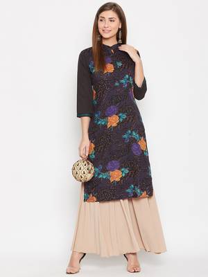 Women Black Color Floral Printed Cotton Kurti 2
