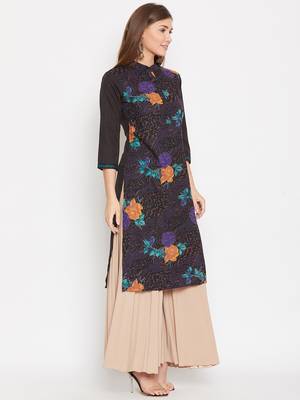 Women Black Color Floral Printed Cotton Kurti 4