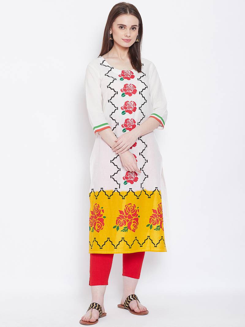 Women White Color Floral Printed Cotton Kurti