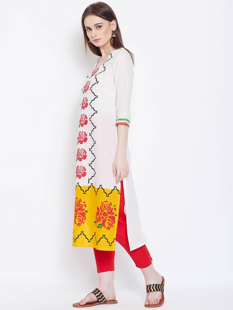 Women White Color Floral Printed Cotton Kurti
