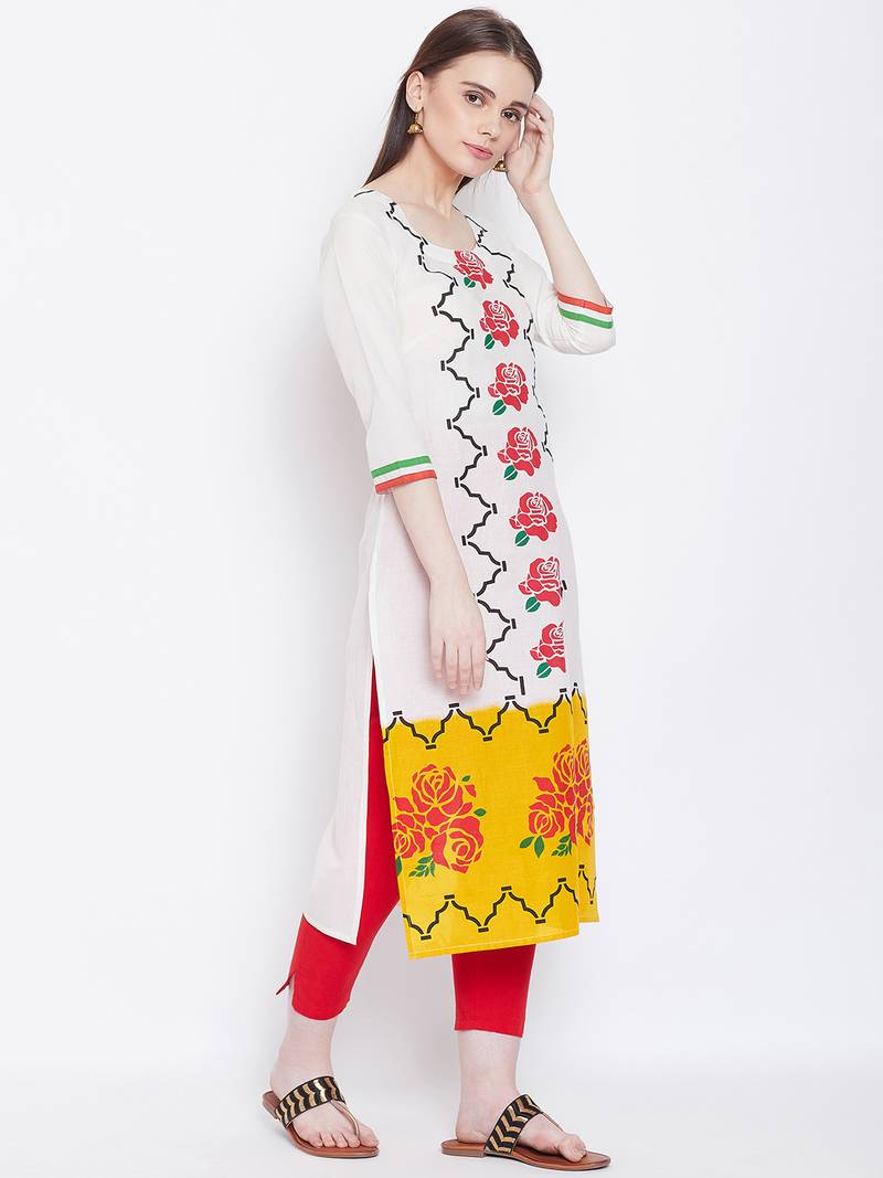 Women White Color Floral Printed Cotton Kurti