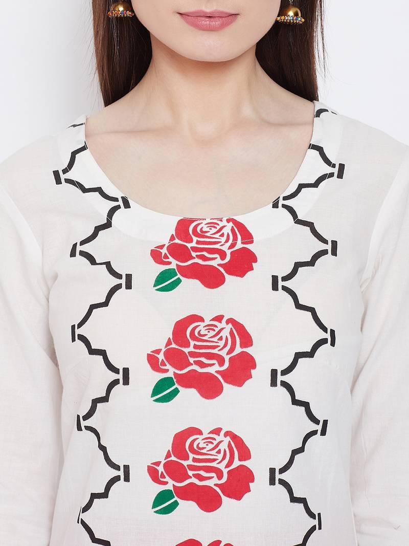 Women White Color Floral Printed Cotton Kurti