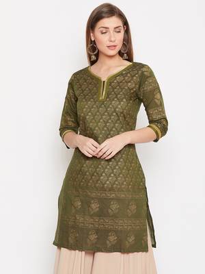 women olive Color Floral Printed Cotton Kurti 1