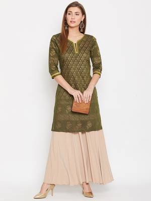 women olive Color Floral Printed Cotton Kurti 2