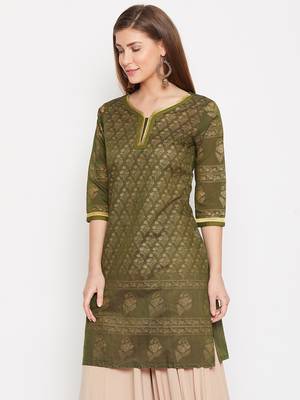 women olive Color Floral Printed Cotton Kurti 3