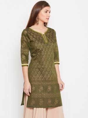 women olive Color Floral Printed Cotton Kurti 4