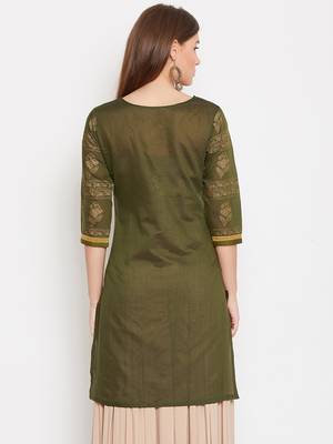 women olive Color Floral Printed Cotton Kurti 5
